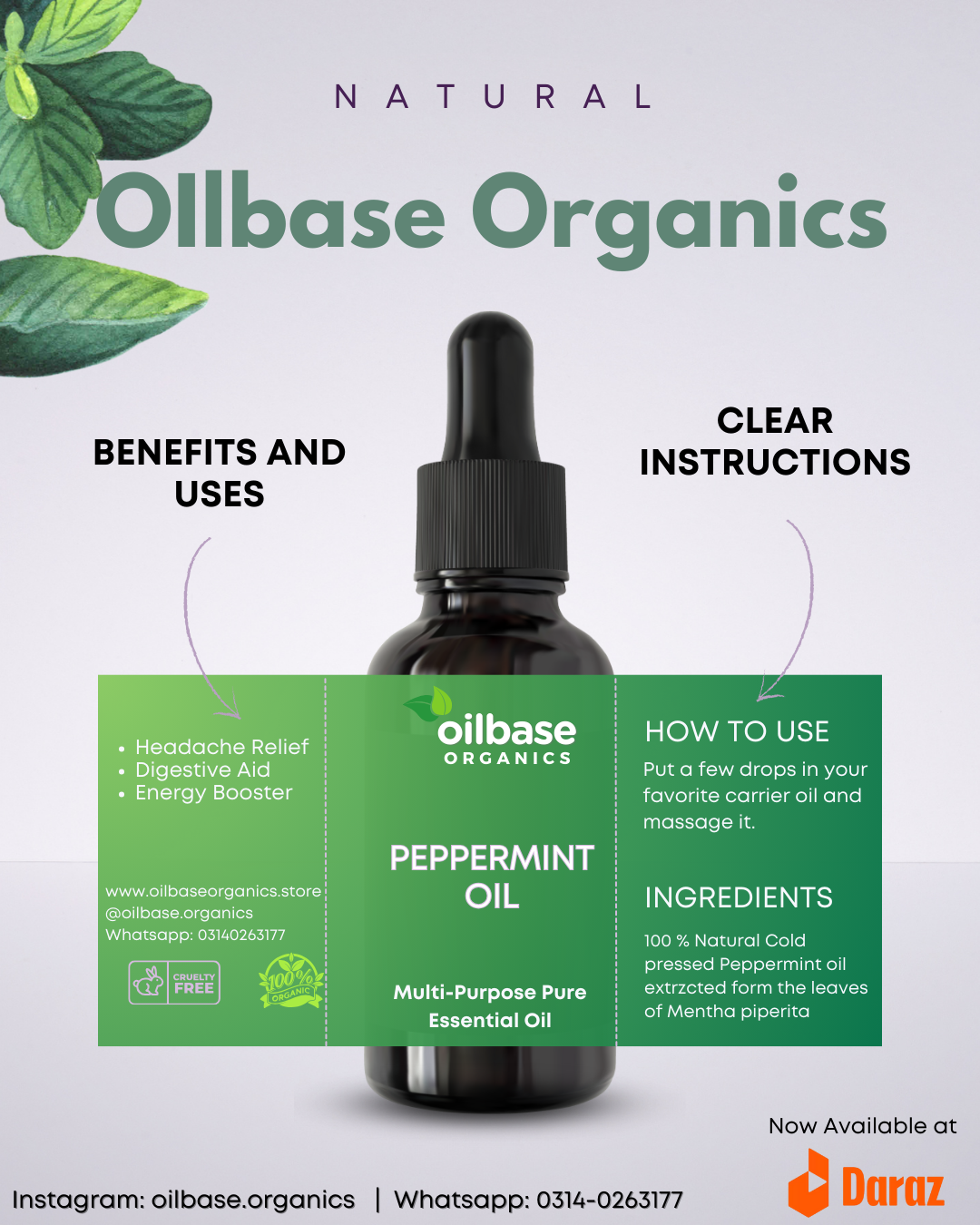 Oilbase Organics 100% Pure Therapeutic Grade Peppermint Oil